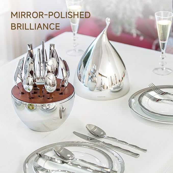 KINGSTONE Silverware Set with Waterdrop Storage Organizer Luxury 20 Piece Flatware Set for 4 18/10 Stainless Steel Cutlery Set with Diamond Cut Pattern Ideal for KitchenParty and Gift
