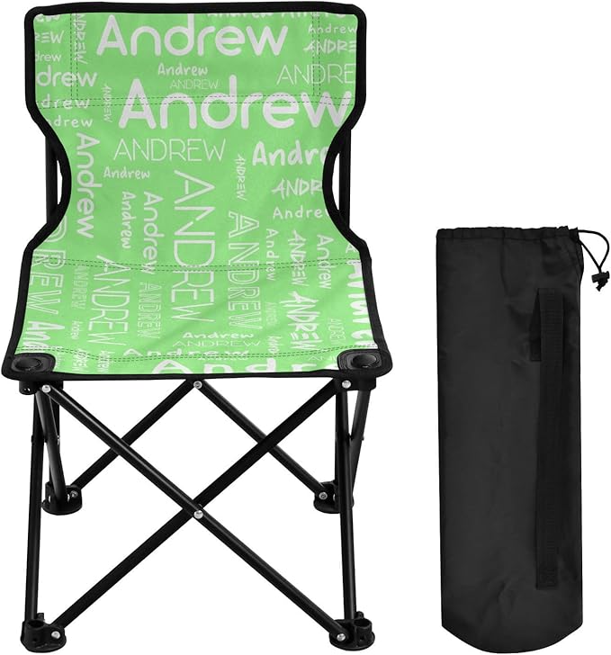 Sinestour Pale Green Custom Folding Camping Chair for Teen Child Personalized Name 14.6×14.6in Portable Outdoor Chair with Carry Bag for Picnic Lawn Travel