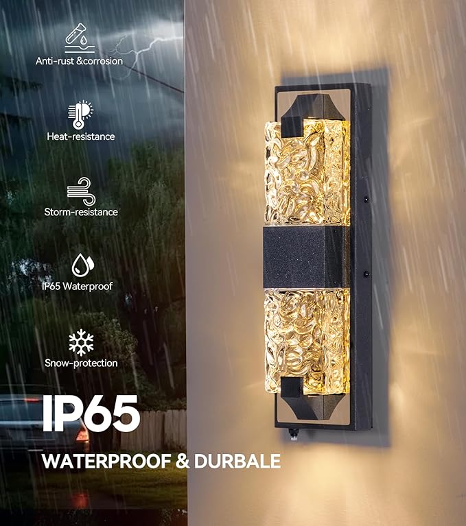 HITTO Porch Lights Outdoor Dusk to Dawn Outdoor Lighting 15.6'' Outdoor Wall Sconce IP65 Waterproof LED Exterior Lamp Ripple Crystal Glass Black&ampGold Modern Porch Light for House Front Door 2