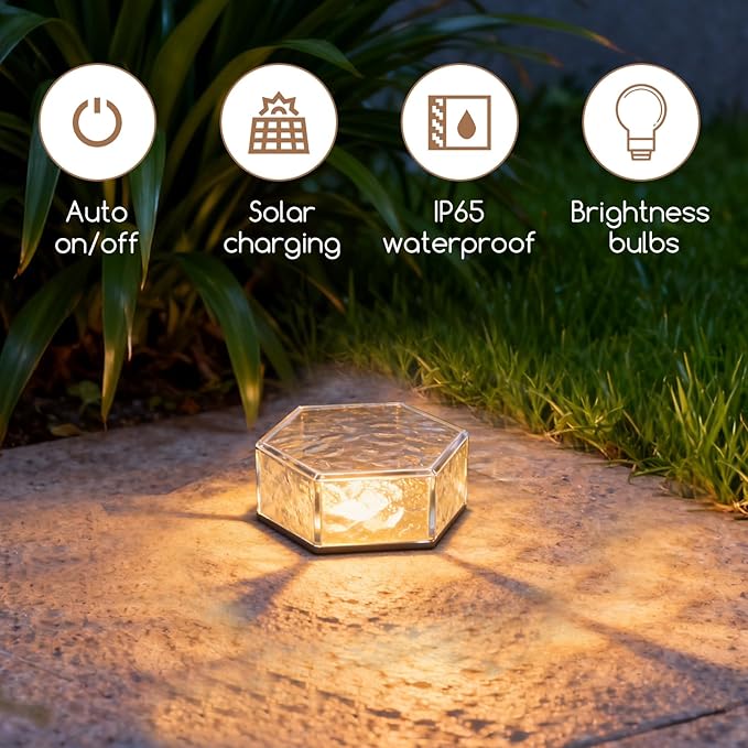 Wokyo 4 Pack Solar Brick Lights 3.8x3.8 inch Solar Ice Cube Lights with 8 LED Paver Ground Lights for Garden Lawn Yard Pathway Driveway Walkway Decor (Honeycomb-Warm White)