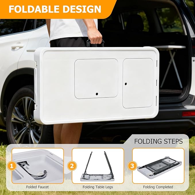 Folding Fish Cleaning Table Portable Camping Sink with Faucet Drainage Hose Portable Camping Sink Station with Drain Hose Trash Can Foldable Outdoor Sink for Camping Fishing BBQ