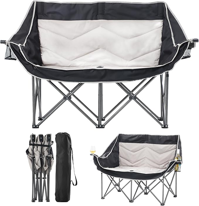 CDEN Padded Loveseat Double Camping Chair Camping Couch with Cup Holder Side Bag Wine Holder Carry Bag Foldable for Picnic Outdoors Travel (Black&ampGray