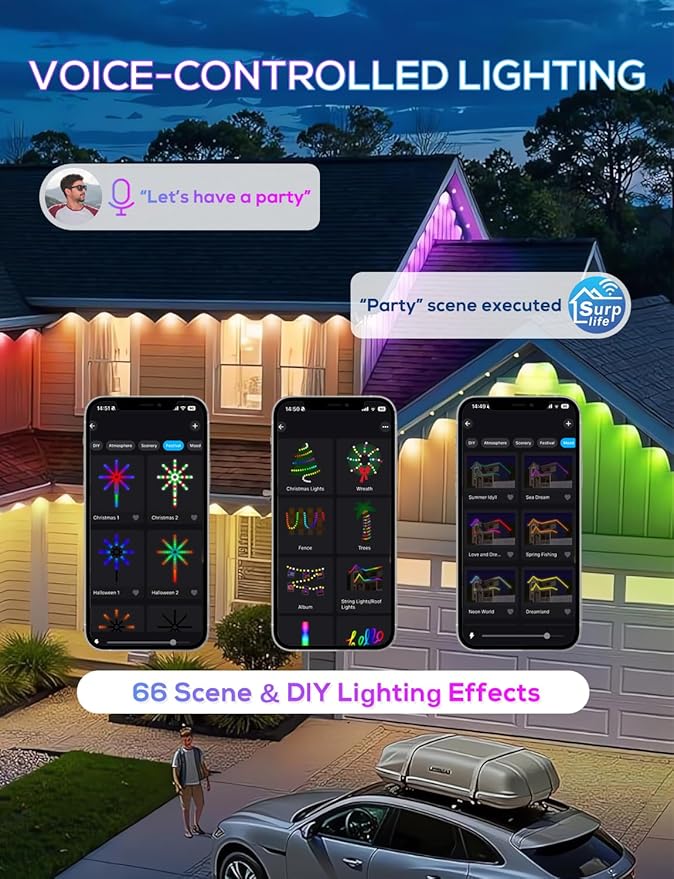 Permanent Outdoor Lights for House 100ft AI Smart Eave Lights with 60 LED Lights 66 Scene Modes with App/Remote Control for Christmas Decor IP67 Waterproof Compatible with Alexa Google Assistant