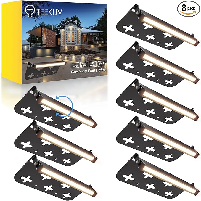 Teekuv 8 Pack 7 Inch Retaining Wall Lights 5W LED Hardscape Lighting 12V AC/DC Low Voltage Paver Lights Outdoor Waterproof 2700K Soft White Landscape Lighting for Walls Patio Yard ETL