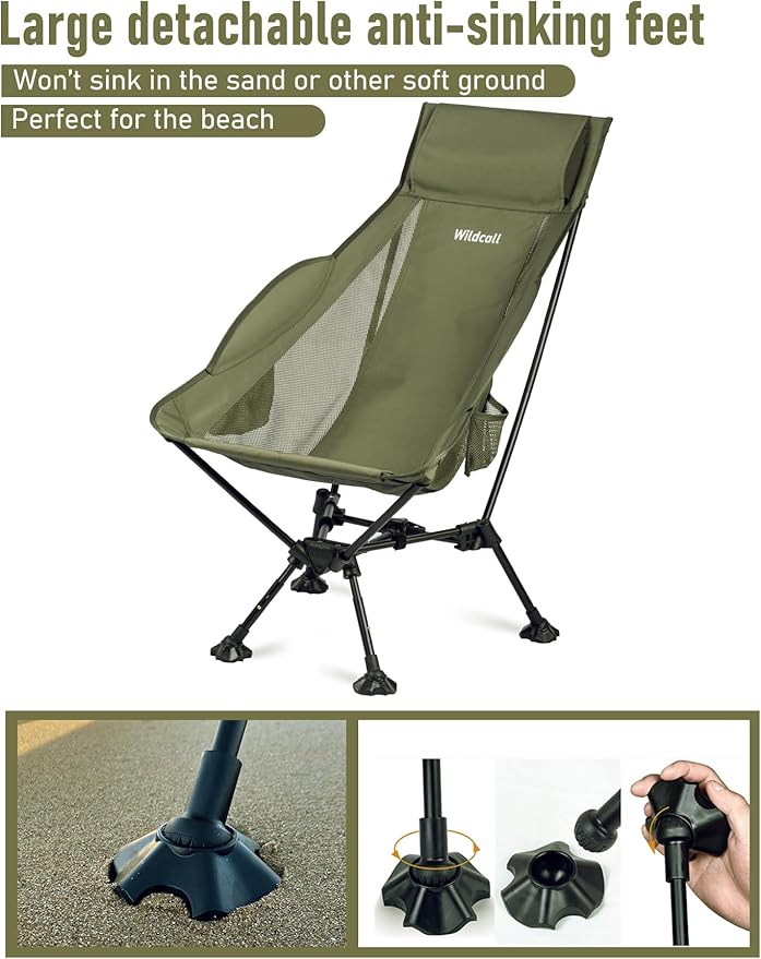 WildCall Lightweight Folding High Back Camping Chair with Head Support Compact Beach Chair with Anti-Sinking Large Feet and Three Tilt Angles Adjustment