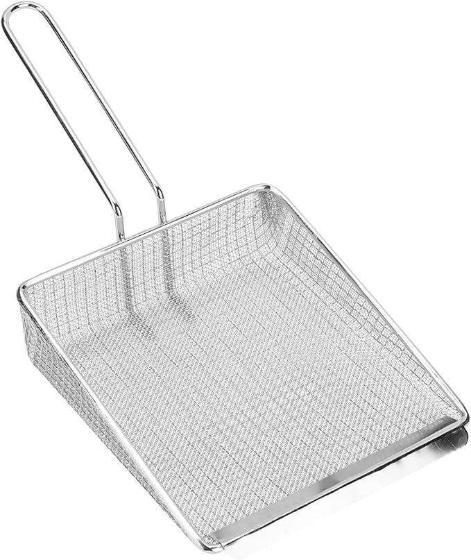 Multi Function Stainless Steel Frying Shovel Kitchen Mesh Scooper Strainer for French Fries Deep Fry Filter with Long Heat Handle for Home and Restaurant Use