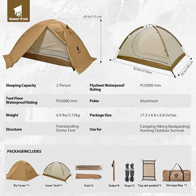 GEERTOP Ultralight 2 Person Backpacking Tent 4 Season Waterproof Camping Tent Double Layer Cold Weather Easy Set Up Tents for Family Camp Hiking Hunting Outdoor Mountaineering Travel