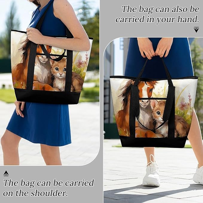 Insulated Shopping BagLarge Reusable Cooler Bags Cute Horse And Cat Printed Foldable Shopping BagTravel Waterproof Shoulder Bag