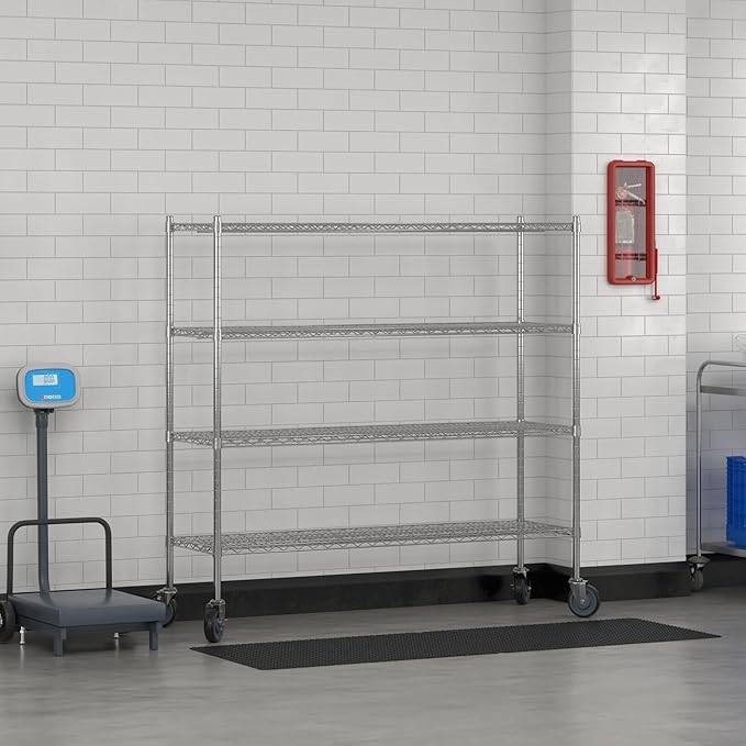 Commercial NSF Listed Chrome Mobile Wire Shelving Kit 18 x 60 x 60 with 4 Shelves Perfect for Warehouse Walk-in Refrigerator Freezer Grocery Store Restaurant Dishroom