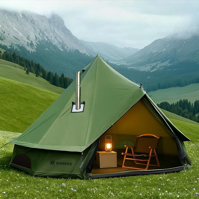Canvas Bell Yurt Tent with Stove Jack Waterproof Luxury 4 Season Tents for Family Outdoor Camping 100% Cotton Green Glamping Tents for Hunting Partie All Year Living