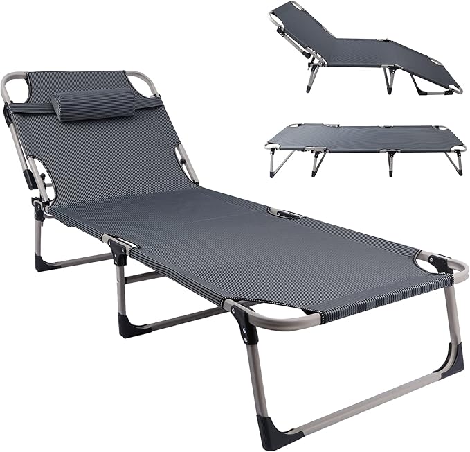 REDCAMP Folding Camping Cot with Thicker Cot Mattress Pad Adjustable 4-Position Reclining Folding Chaise Lounge Chair with Pillow for Camping Outdoor Beach Pool