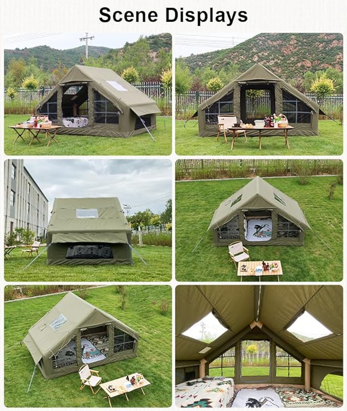 Large Luxury Inflatable Camping Tent Cotton Canvas Tent Breathable and Waterproof Air Tent with Skylight and Stove Jack Hole for for 4-6-8-10 Person Family Camping
