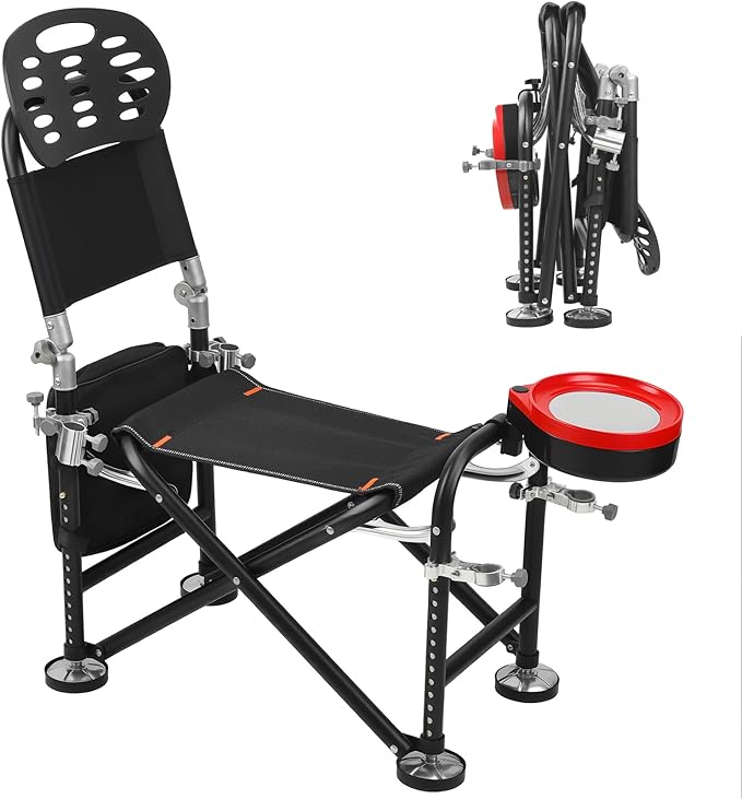 Portable Fishing Chair Camping Chairs 13 Gear Rise Fall 21cm Adjustment Fishing Chairs with Backrest Rod Holder Outdoor Folding Chair for Adults Support 300lbs Black