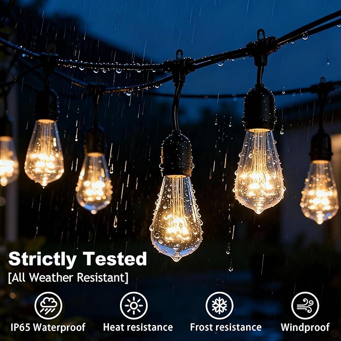 Afirst Outdoor String Lights Weatherproof Connectable LED Edison String Lights Black Cord with Clear Plastic Bulbs Starry Theme