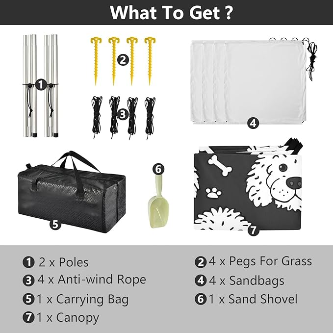 ALAZA White Dogs with Bones Beach Tent Sun Shelter UPF50+ Protection Beach Shade Canopy w/ 4 Sandbags for Outdoor Camping Fishing Backyard Fun Picnic 10x9 ft