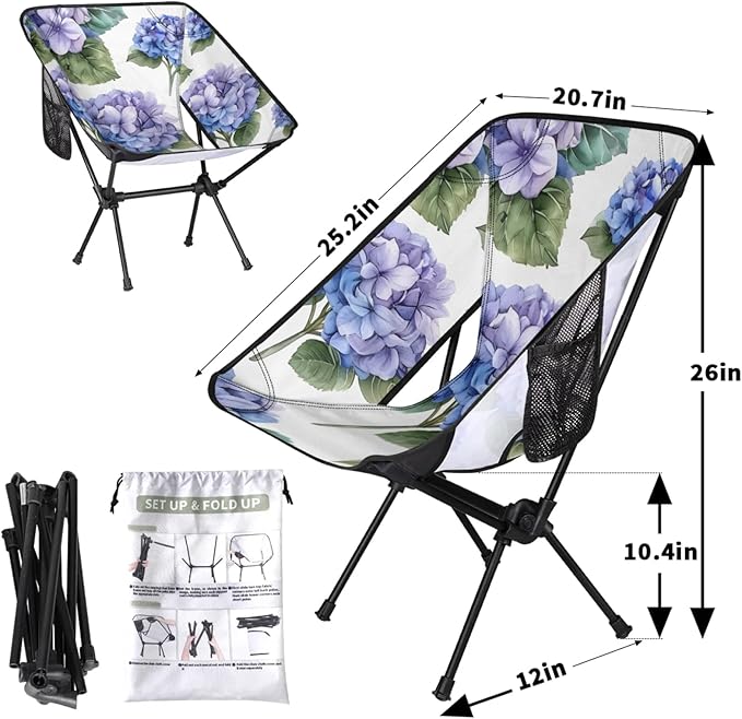 Honeybaby Folding Camping Chair Watercolor Hydrangeas Camping Chairs Lightweight Portable Chair Outdoor Foldable Chairs for Camping Travel Picnic Beach Hiking