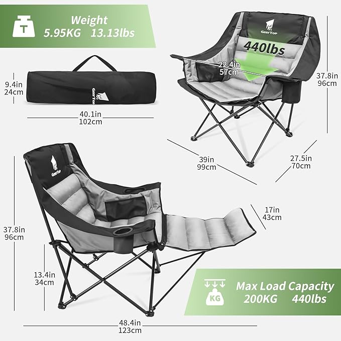 GEERTOP Oversized Padded Camping Chair for Adults with Removable Foot Rest Heavy Duty Extra Wide Compact Outdoor Folding Chair with Cup Holders 400lbs Capacity for Lawn Fishing Sports