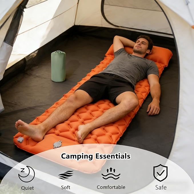 SNZ Camping Sleeping Pad Ultralight Camping Mat with Pillow Built-in Foot Pump Inflatable Sleeping Pads Compact for Backpacking Tent Travel Outdoor Activities (Single)
