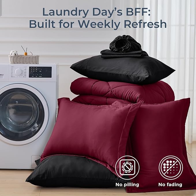 HEVUMYI Red &amp Black Full Comforter Set - 7-Piece All Season Bed in a Bag Full Ultra Soft Burgundy Bedding Set with Comforter Flat Sheet Fitted Sheet Pillowcases Pillow Shams Burgundy Red &am