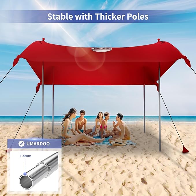 UMARDOO Family Beach Tent Canopy Sun Shade Portable Large Compact Beach Sun Shelter Easy Setup with Packable Bag for Outdoor Travel (Red 10X10 FT. 4Poles)