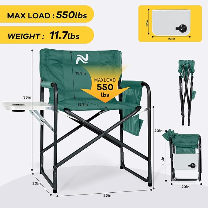 NAIZEA Heated Director Chair-Heated Camping Chair for Adult Oversized Outdoor Chairs with Side Table Pockets Makeup Folding Chairs Supports 550lbs(Power Bank Not Included)