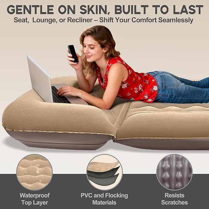 Luxfero Inflatable Couch for Camping Air Mattress with Adjustable Backrest Blow Up Couch for Adults with Flocked Surface Portable Inflatable Lounge Chair Air Sofa Bed for Indoor/Outdoor-No Pump