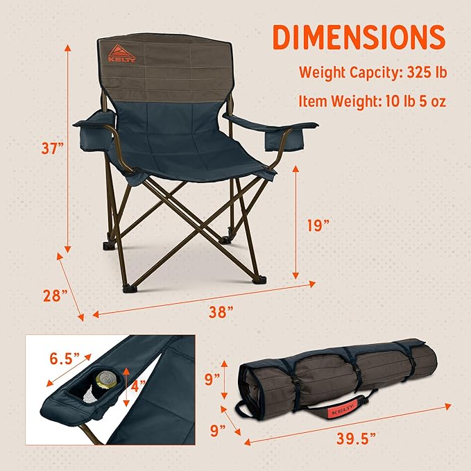 Kelty Deluxe Lounge Chair – Folding Outdoor Camp Chair Insulated Cupholders Customized Recline Steel Frame Padded Roll Storage 2024 (Deep Lake)