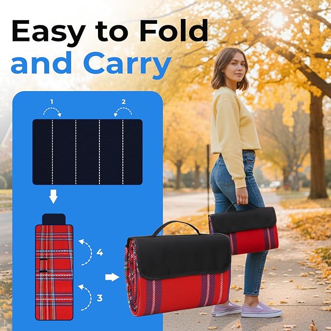 scuddles Extra Large Picnic Blanket – 59 x 53 Waterproof &amp Sandproof Outdoor Mat with Soft 3-Layer Comfort Foldable Design &amp Carry Strap for Beach Camping Travel Parks &amp Family Picni