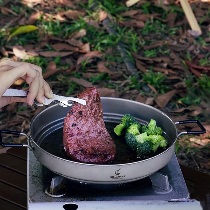 SILVERANT Camping Plate Titanium Pan Dish Plate with Handle &amp Mesh Bag Large Reuseable Ultralight Dinner Plate for Camping Outdoors Backpacking (1500ML)