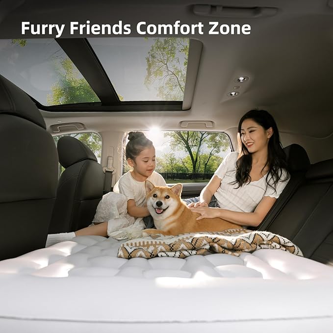 Car Back Seat Air Mattress - Universal Fit SUV/Sedan Inflatable Camping Mattress with Built-in Pump &amp Air Support Column Portable True Flat Gap-Filling Car Bed for Sleeping Roadtrip Travel