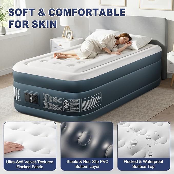 Air Mattress with Built in Pump Raised18in H Comfort Blow up MattressDouble Chamber Airbed2min Quick Inflation/Deflation Mattress for Home Guests Camping (FlockingGray &amp White Twin)