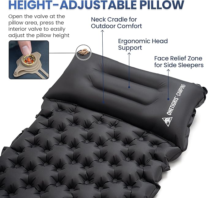 ONETIGRIS Blackcrystal Sleeping Pad Ultralight Camping Sleeping Pad with Pillow Built-in Foot Pump Inflatable Sleeping Mat Compact for Camping Backpacking Hiking Traveling Tent