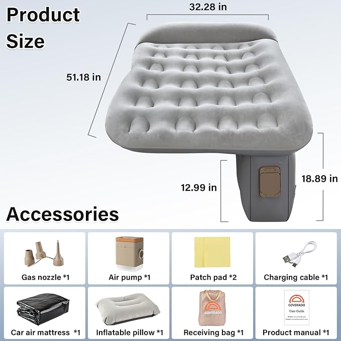 Coverado Car Air Mattress Back Seat Portable Wireless Inflatable Bed with Built in Air Pump&ampPllow Storage Bag Patch Kit Universal Back Seat Bed Sleeping Pad Fit Most Car Suvs L-51W-32