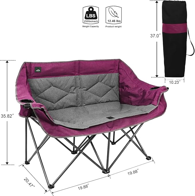 Northroad Folding Loveseat Camping Chair Portable Double Duo Full Padded Garden Sofa Chair for 2 Person w/ 2 Cup HolderWine Glass HolderSupport 600lbs for Outdoor Travel (Purple)