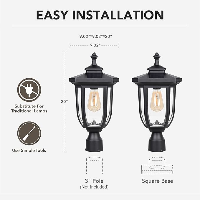 ST4322Q1 Solar Post Light Outdoor Waterproof Aluminum Solar Lamp Post Light 220LM Black for Lawn Yard Pathway Garden Entryways Driveway Balcony Post Decoration