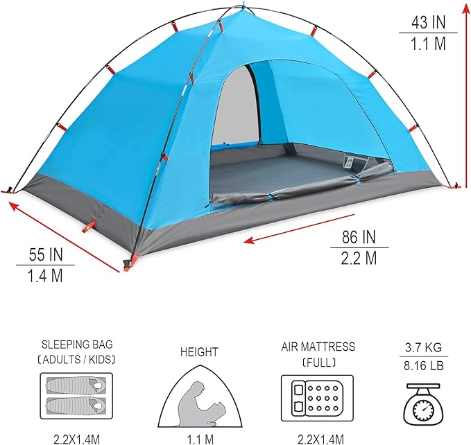 KAZOO 2／4 Person Camping Tent Outdoor Waterproof Family Large Tents 2/4 People Easy Setup Tent with Porch Double Layer | Outdoor Waterproof Family Large Tents Easy Setup