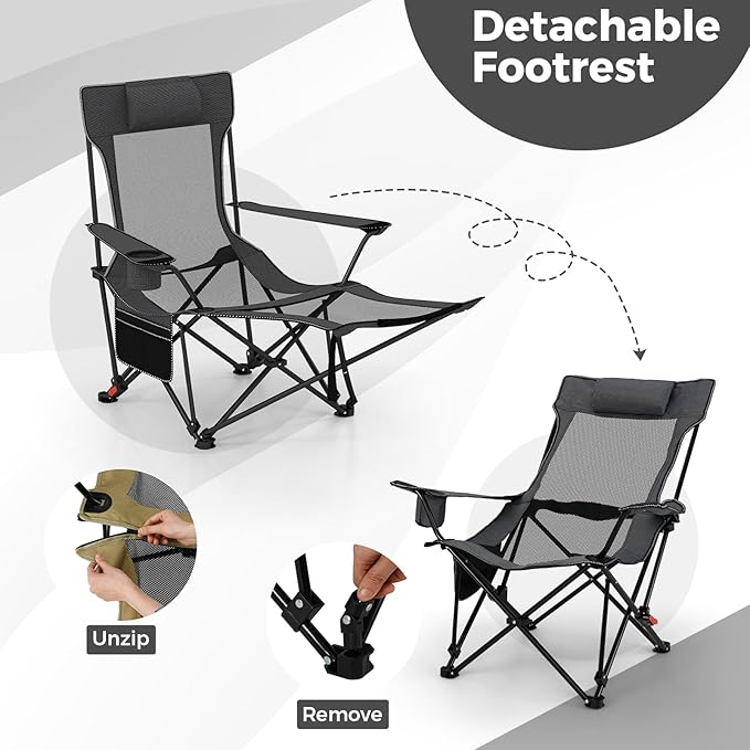 Goplus Camping Lounge Chair w/Detachable Footrest Folding Beach Chair w/4-position Backrest Carrying Bag Removable Pillow Cup Holder Storage Pouch Reclining Chair 330LBS Capacity (Grey1)