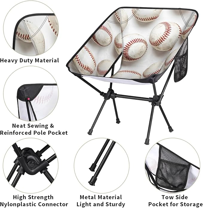 Honeybaby Folding Camping Chair Funny Baseball Sport Camping Chairs Lightweight Portable Chair Outdoor Foldable Chairs for Camping Travel Picnic Beach Hiking