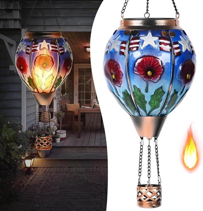 Hot Air Balloon Solar Lantern - Poppy Flower Patriotic Glass Lantern Simulated Flickering Dancing Flame Outdoor Hanging Yard Light Waterproof IP65 Ideal 4th of July Gift for Patriot Patio Decor