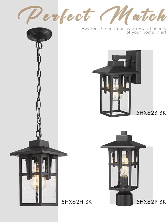 Outdoor Post Light Fixtures HWH Exterior Pillar Light 2 Pack Industrial Pole Lamp in Matte Black Finish with Seeded Glass 5HX62P-2PK BK