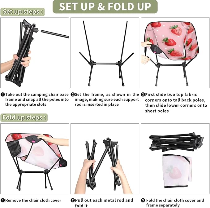 Honeybaby Folding Camping Chair Cute Red Strawberries Camping Chairs Lightweight Portable Chair Outdoor Foldable Chairs for Camping Travel Picnic Beach Hiking