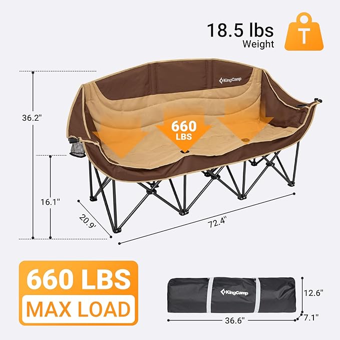 KingCamp 3 Person Camping Chair Oversized 660lbs Heavy Duty Loveseat for Adults Portable Folding XL 2 Person Couch Padded Comfortable Three Seat with Cup Holder for Outdoor Lawn Khaki/Coffee