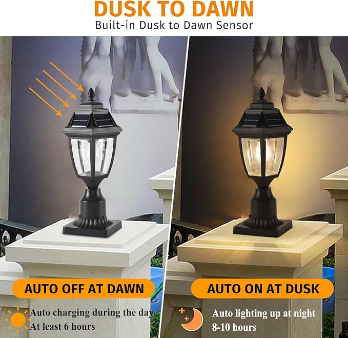 Solar Outdoor Post Lights 2 Pack Dusk to Dawn Outdoor Column Light with Pier Mount Base Black Exterior Solar Powered Pole Light for Outside Porch Yard Pathway Driveway
