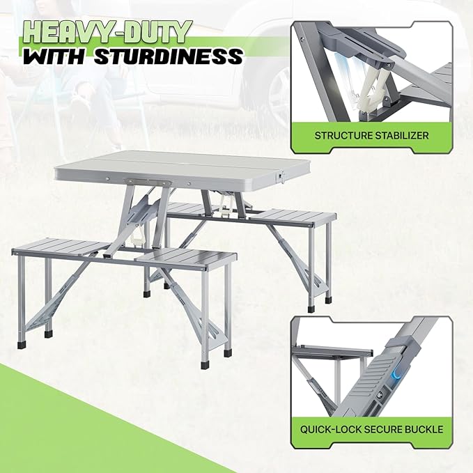 Magshion Folding Picnic Table with 4 Seats Portable Camping Table with Adjustable Height Umbrella Hole Easy Setup for Outdoor Tailgating &amp Travel Silver