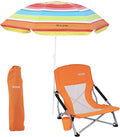 Beach Chair Low Beach Chairs with Umbrella Compack Portable Folding Festival Chairs Chairs with Shade for Adult with Cup Holder Carry Bag Heavy Duty for Outdoors BBQ (1-Pack Orange)