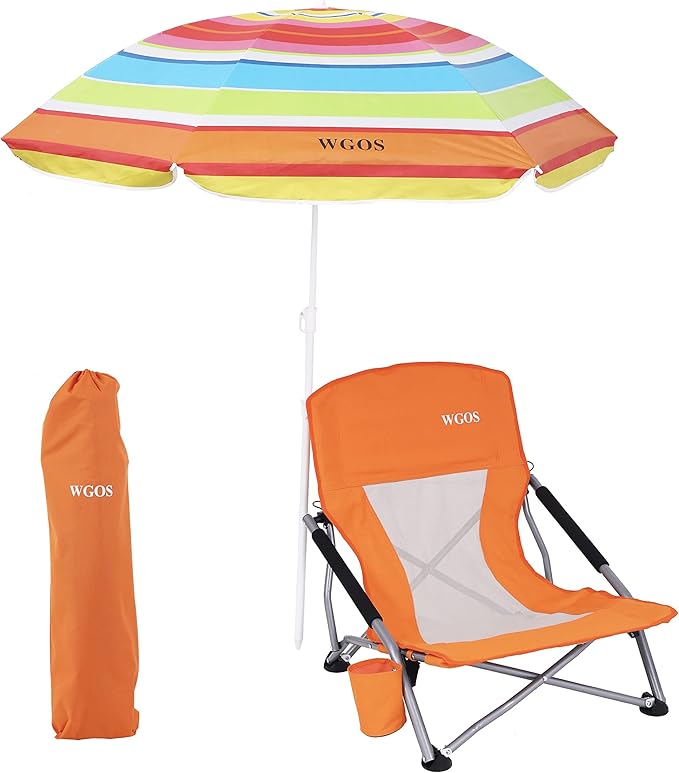 Beach Chair Low Beach Chairs with Umbrella Compack Portable Folding Festival Chairs Chairs with Shade for Adult with Cup Holder Carry Bag Heavy Duty for Outdoors BBQ (1-Pack Orange)