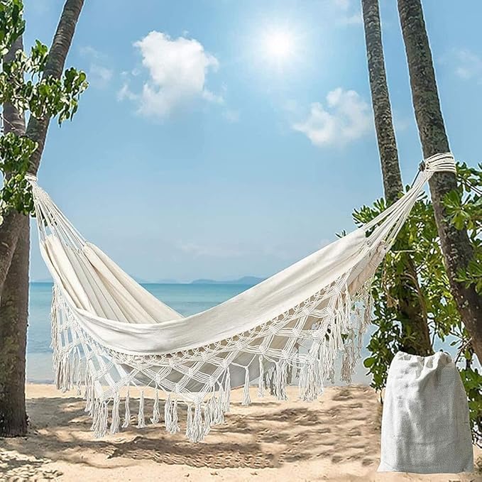 Garden Hammock Double-Sized with Elegant Tassels and Fishtail Knitting White Hammock Includes Tie Ropes Easy to Store Perfect for Indoor and Outdoor Use