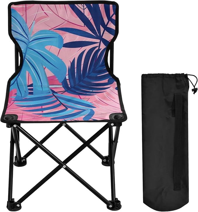 KLL Pastel and Blue Palm Leaves Folding Heavy Duty Camping Chairs Ultralight Compact Folding Chair with Carrying Bag Lawn Chairs for Concert Sports