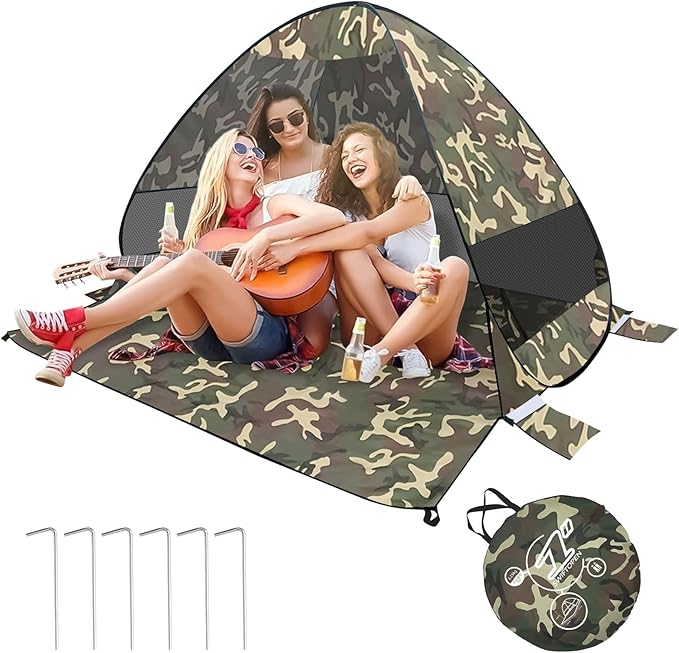 Beach Tent Sun Shelter Outdoor Tent for 1-4 Persons with Carrying Bag and 6 Ground Pegs for Family Outdoor Adventures Camping Picnics (Camouflage)