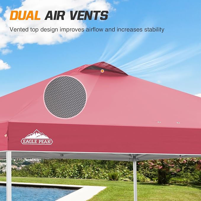 EAGLE PEAK Pop Up Canopy Tent with Wheeled Carry Bag 8 Stakes 4 Ropes 4 Weight Bags Easy Set Up Tent Canopy 10x10 ft 100sqft of Shade Peach Pink